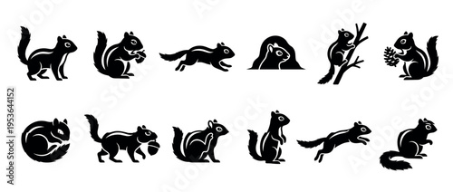 Various black silhouette chipmunks and squirrels in diverse poses, including running, climbing, holding nuts, and peeking from a burrow, presented as clean graphic icons