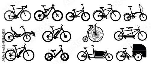 Diverse collection of twelve different bicycle silhouettes, showcasing various bike types in a clean, graphic, side-view illustration