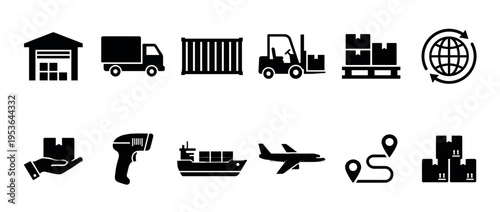 Various black silhouette logistics and shipping icons are neatly arranged, depicting elements of global transportation, delivery, and warehouse operations in a clean, modern vector style