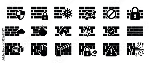 Black glyph brick wall security icon set illustrating digital protection, network defense, and cyber threat prevention in a modern flat style