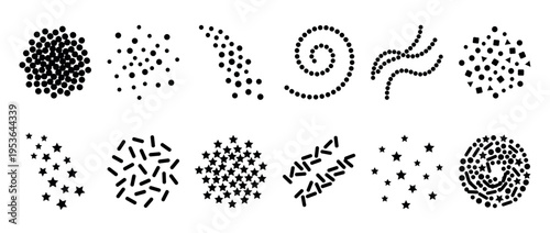 Black graphic abstract shapes including dots, stars, and sprinkles are arranged in diverse clusters, spirals, and scattered patterns, creating a minimalist decorative design