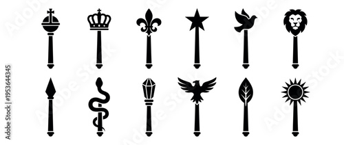 Twelve black symbolic scepter and staff symbols are cleanly rendered as graphic silhouettes, each featuring a unique emblem like a crown, lion, or dove