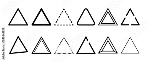 Various black outline triangle shapes and geometric forms are displayed in a clean, minimalist vector illustration, showcasing diverse line styles and compositions