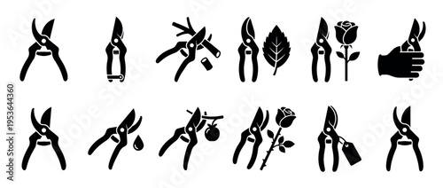 Collection of black silhouette pruning shears and gardening tools icons, illustrating various uses like cutting branches, roses, and fruit, presented in a clean, graphic style