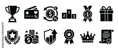 Collection of reward and achievement related vector icons in a flat black silhouette style, depicting concepts like success, finance, loyalty, and recognition
