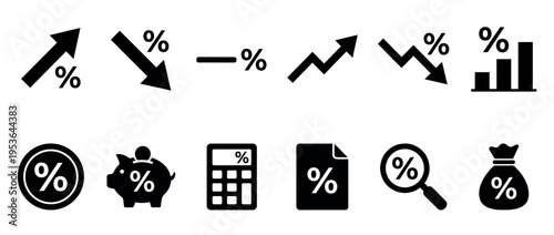 Set of black percentage icons representing financial concepts, growth, decline, savings, and calculations in a clean graphic style