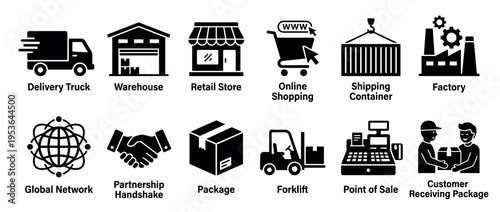 Comprehensive collection of black silhouette commerce and logistics icons illustrating various stages of the supply chain, retail, and delivery processes