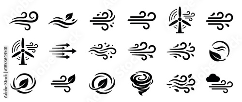 Collection of black silhouette graphic wind icons depicting various air currents, gusts, breezes, and weather elements like turbines, leaves, and clouds in a clean, symbolic style