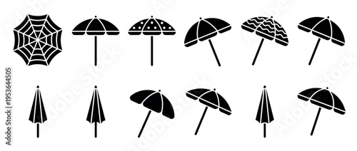 Various black silhouette umbrella and spiderweb icons are displayed in a graphic, flat style, showing open and closed designs with different patterns