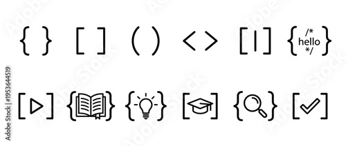 Various black outline programming and education icons are neatly arranged in a grid, featuring brackets, a comment block, and symbols for learning and development