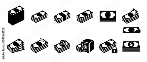 Various black silhouette money banknote icons depicting stacks of cash, some with paperclips, coins, safes, or padlocks, presented in a clean, graphic style