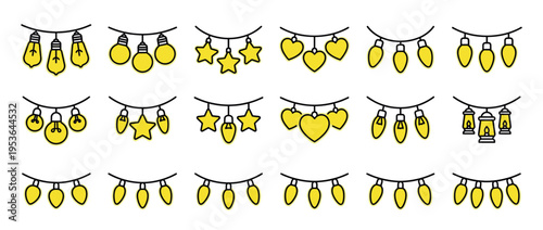 Collection of various yellow string lights, including traditional bulbs, round bulbs, stars, hearts, and lanterns, presented in a cheerful cartoon outline style