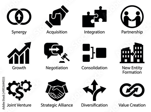 Twelve black business concept icons are neatly arranged in a grid, illustrating various corporate strategies and financial growth in a flat graphic style