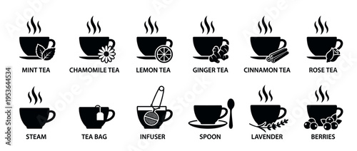 Black silhouette icons of various steaming tea cups and brewing accessories, depicting different tea flavors and preparation in a minimalist graphic style