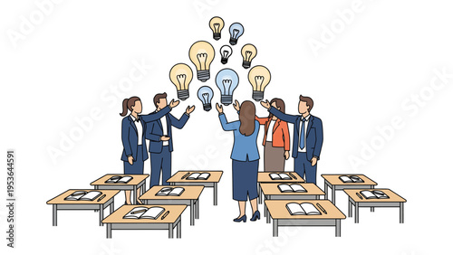 Brainstorming for success: Illustrative representation of professionals converging around glowing light bulbs, symbolizing collaborative ideation and innovative concepts in a business setting. 
