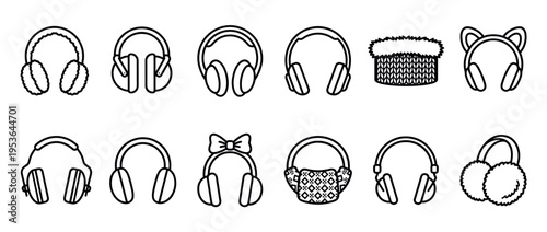 Various black outline earmuffs and headphones icons are neatly arranged in a grid, showcasing diverse designs and styles in a clean, illustrative vector art