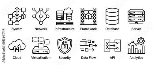 Twelve black outline technology concept icons, clearly depicting various IT and data processes in a modern, clean, and illustrative style