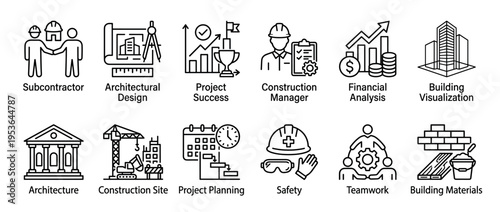Twelve outline construction and architecture related icons are neatly arranged in a grid, depicting various aspects of building projects and management in a clean, modern, and professional style