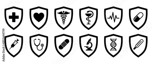 Twelve black and white shield icons representing various medical and healthcare concepts, displayed as a comprehensive set of graphic symbols with a clean, modern design