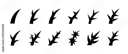 Twelve black graphic stylized sharp thorn elements are arranged in a collection, showcasing various abstract spiky shapes with a minimalist vector aesthetic