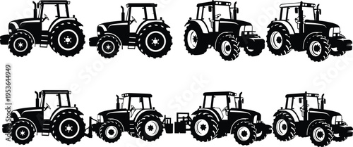 Black and white vector silhouettes of modern agricultural tractors shown from side and perspective views isolated on a plain white background