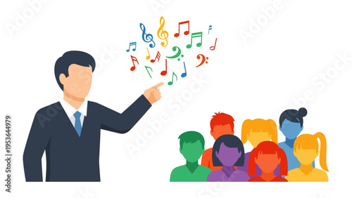 Musical Conductor: A distinguished conductor, radiating authority, guides his ensemble. Colorful musical notes float above the group, representing the shared harmony of music.
