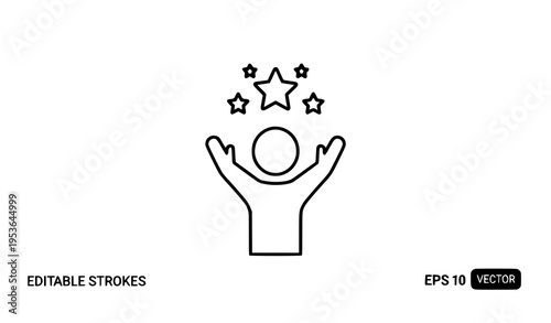 Success achievement outline icon raised hands stars vector
