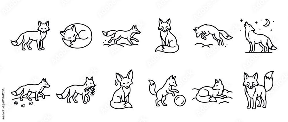 Obraz premium Collection of black outline fox illustrations depicting various poses including standing, running, sleeping, howling, and playing, presented in a clean, minimalist line art style