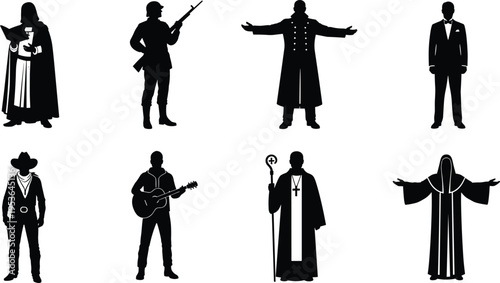 Black silhouette collection of diverse character roles including soldier priest cowboy musician magician and formal businessman for professional vector graphic design