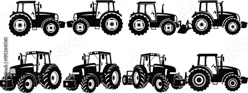 Comprehensive Collection of Modern Farm Tractor Silhouettes Including Side Profiles and Perspective Views for Agricultural Machinery Industrial Vector Design Assets
