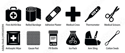 Comprehensive collection of black medical icons illustrating essential first aid and healthcare supplies in a clear, informative, and simple graphic style