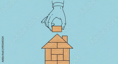 Building a home with wooden blocks hand placing final piece on roof construction concept