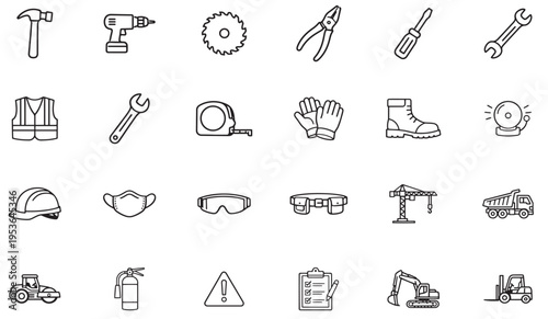 construction and industrial tools icon set, minimal outline engineering symbols