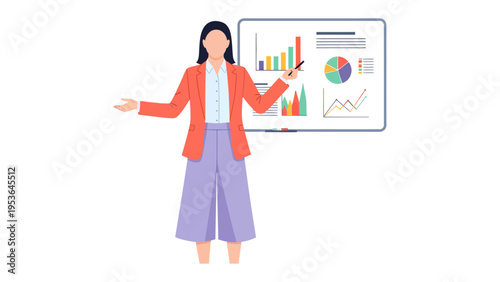 Business presentation: A dynamic businesswoman delivers a compelling presentation, effortlessly illustrating key data on a whiteboard, conveying expertise and innovation.