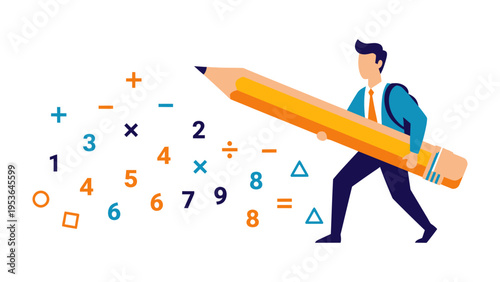 Unleashing Mathematical Creativity: A man, pencil in hand, strides confidently, accompanied by a dynamic flurry of numbers and symbols. The visual harmony between person and concept.