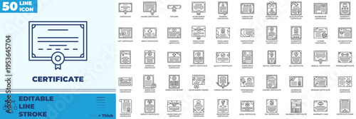 Certificate Line Editable Icons set
