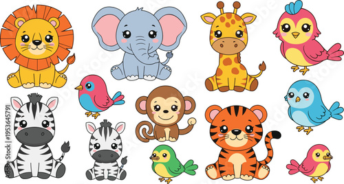 Cute jungle animal collection with lion elephant giraffe monkey tiger zebra and colorful birds in kawaii cartoon style for children nursery and baby shower design projects.