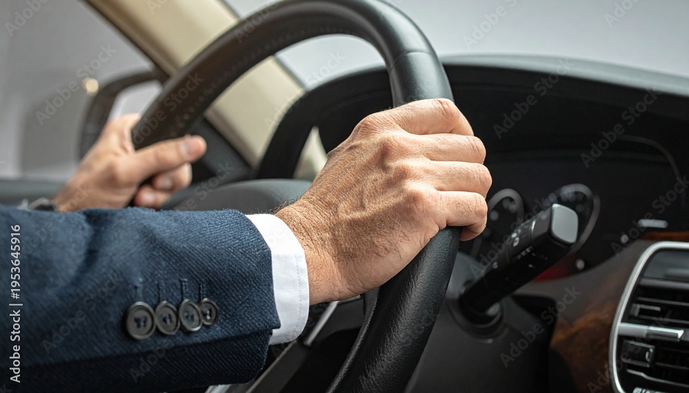Naklejka premium Close-up of a businessmans hands on a car steering wheel, driving in a modern vehicle.