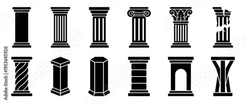 Twelve distinct black silhouette architectural columns and pedestals are presented in a graphic collection, showcasing various classical and modern styles with clean, iconic shapes