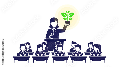 Leading Sustainable Future: A visionary leader inspires her audience with a message of growth and environmental stewardship.