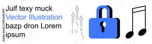 Cybersecurity, data protection, copyright, digital rights, growth trends, multimedia safety. Lock icon, arrows and music notes . Cybersecurity and data protection concept