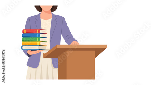 Education in Lecture Hall: A confident person stands behind a lectern, clutching a stack of colorful books, ready to share knowledge and inspire.