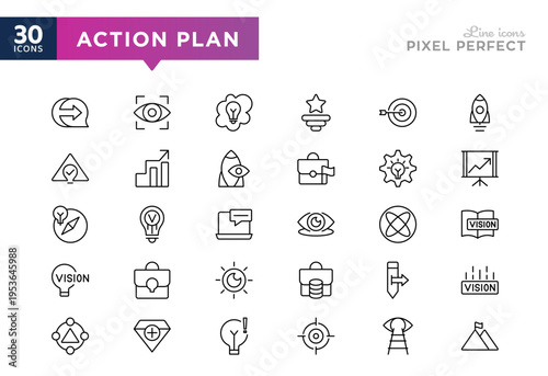 Action plan line icon set. Startup, strategy, focus, goals, target, arrow, flag, progress, goal, trust, teamwork, success, vision, eye line icon set. UI thin line icon pack.