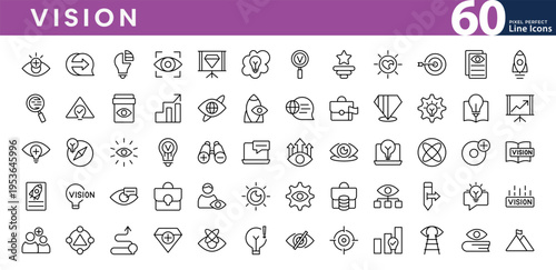 Vision line icon set. Startup, strategy, focus, goals, target, arrow, flag, progress, goal, trust, teamwork, success, eye vector thin icon pack. Editable stroke