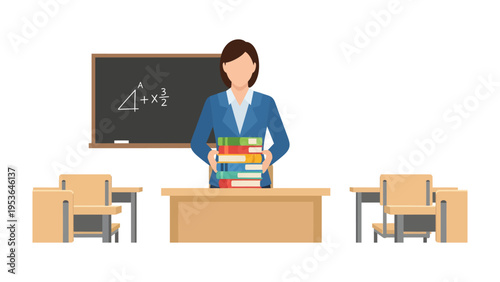 Empowering Education: A dedicated instructor stands tall, holding a stack of books, symbolising knowledge and a commitment to nurturing minds, with a blackboard and desks in the background.
