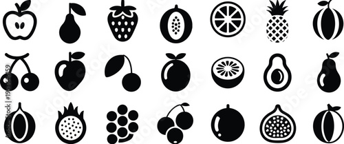 Fruit silhouette icons set, fresh healthy food symbols, apple cherry strawberry pineapple orange grape mango pear vector illustration