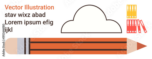 Education, office tools, stationery, organization, creativity, design. Orange pencil with a cloud and file folders. Education and office tools by the pencil and file folders