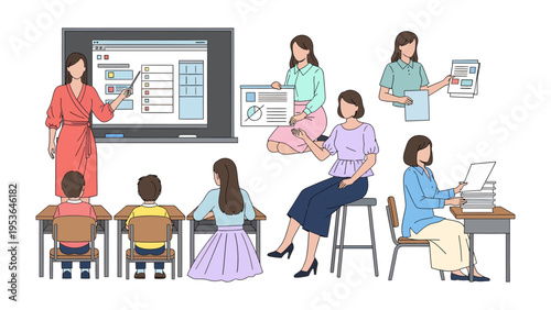 Education and Learning: A visual representation of teachers engaged in various educational activities, including teaching in the classroom, guiding students, presenting information.