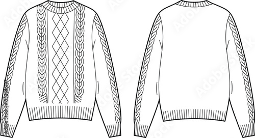Front and back fashion flat sketch of cable knit sweater with diamond pattern, ribbed cuffs, cozy winter pullover design illustration