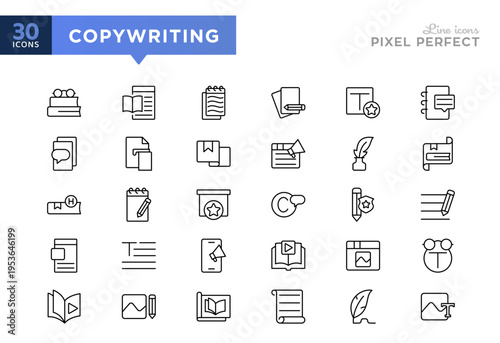 Copywriting line con set. Blog posts, articles, writing, story, creativity, pens, laptops, vibrant, innovative, notebook, editing icon collection